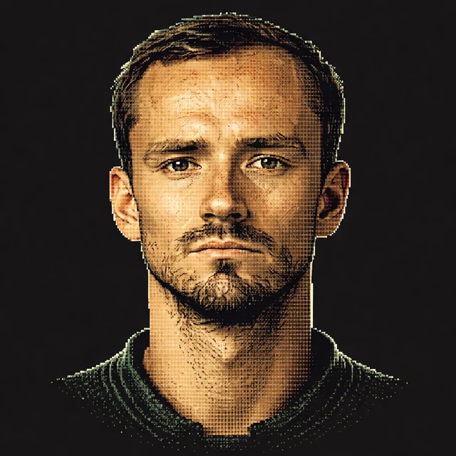Terminal-style voxel portrait of Daniil Medvedev