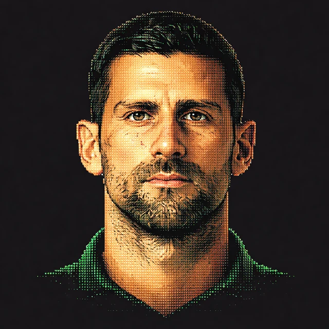 Terminal-style voxel portrait of Novak Djokovic