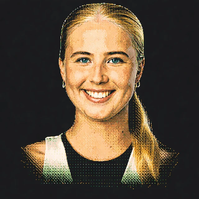 Terminal-style voxel portrait of Clara Tauson
