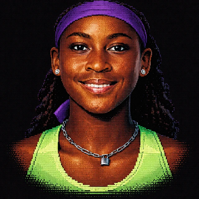 Terminal-style voxel portrait of Coco Gauff