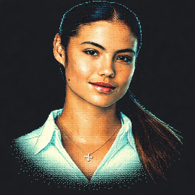 Terminal-style voxel portrait of Emma Raducanu