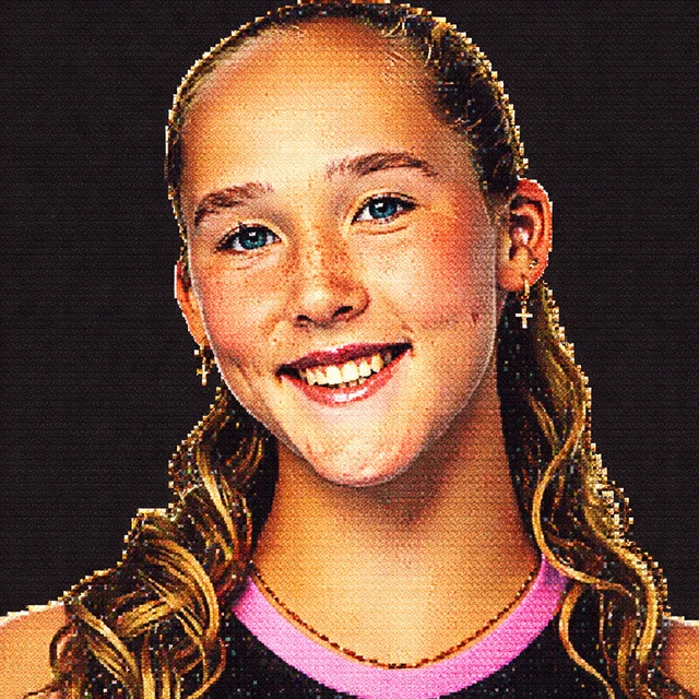 Terminal-style voxel portrait of Mirra Andreeva
